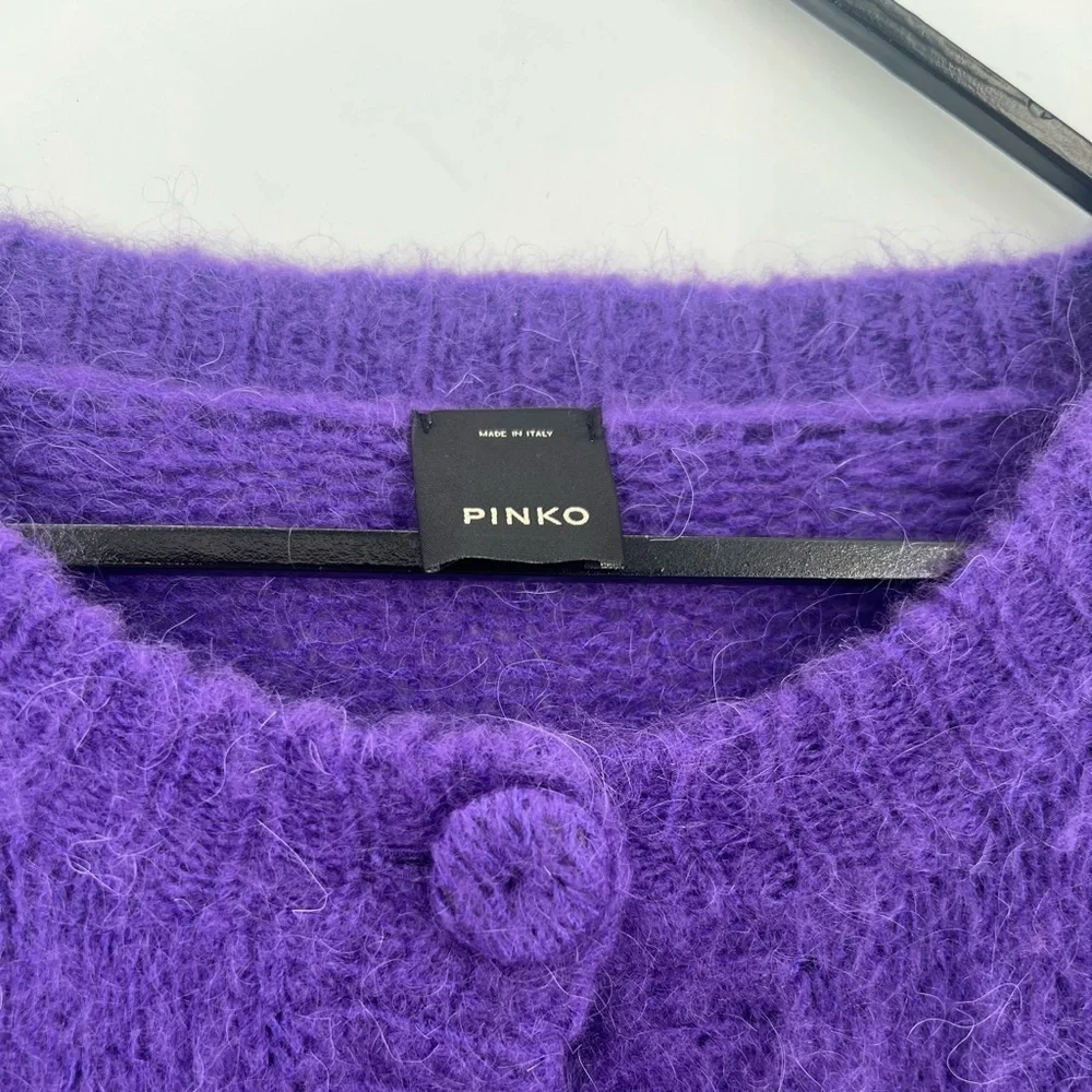 Pinko Mohair Wool Blend Purple Button Up Cropped Logo Plaque Soft Cardigan